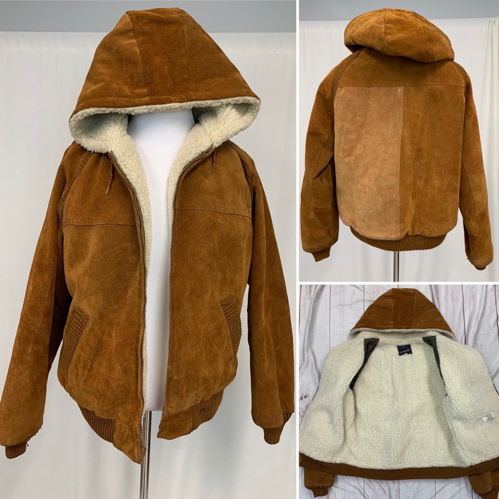 Men's Vintage JCPenney 44 Brown Suede Sherpa Lined Hooded Coat Bomber Jacket